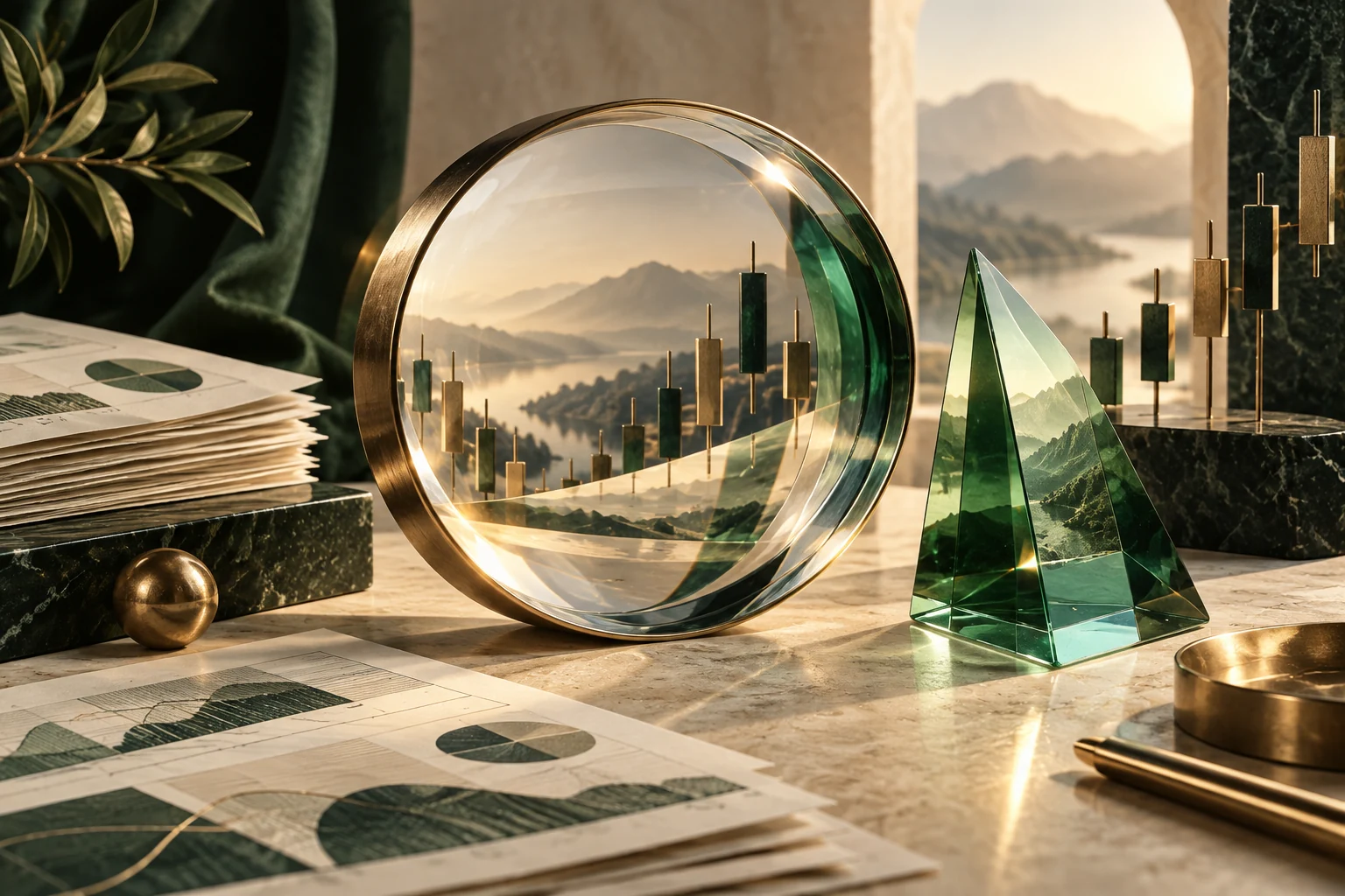 Concept artwork of a precision glass lens and emerald prism refracting abstract market research
