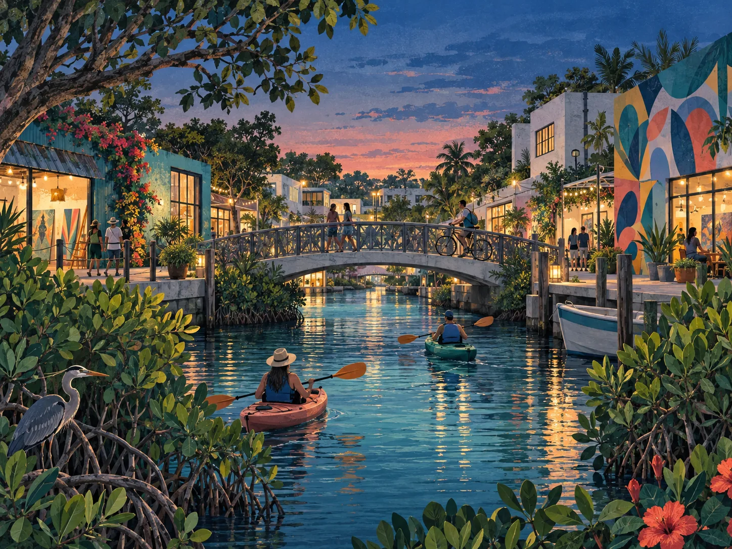 Editorial illustration of a blue-hour Broward waterway with mangroves, a kayak, and colorful arts buildings