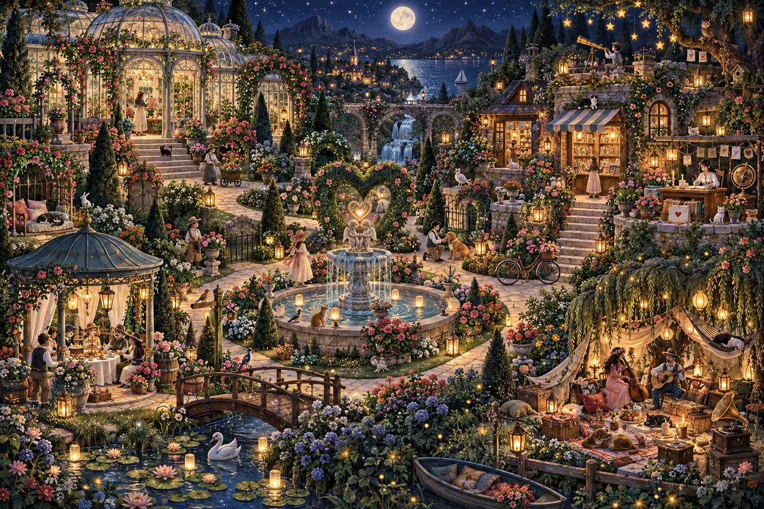 An intricate moonlit botanical village with a conservatory, bookshop, terrace, fountain, pavilion, picnic, bridge and swan lake