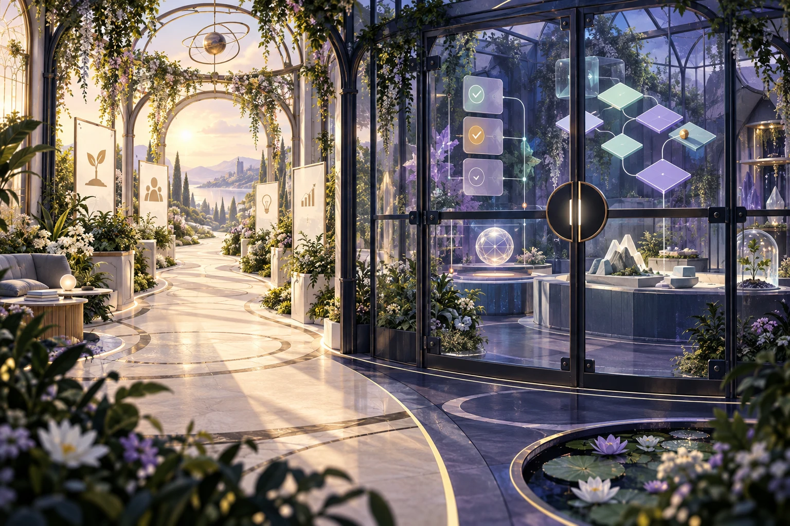 Illustrated conservatory with an open coaching path and a separate gated research path marked by sample-data symbols