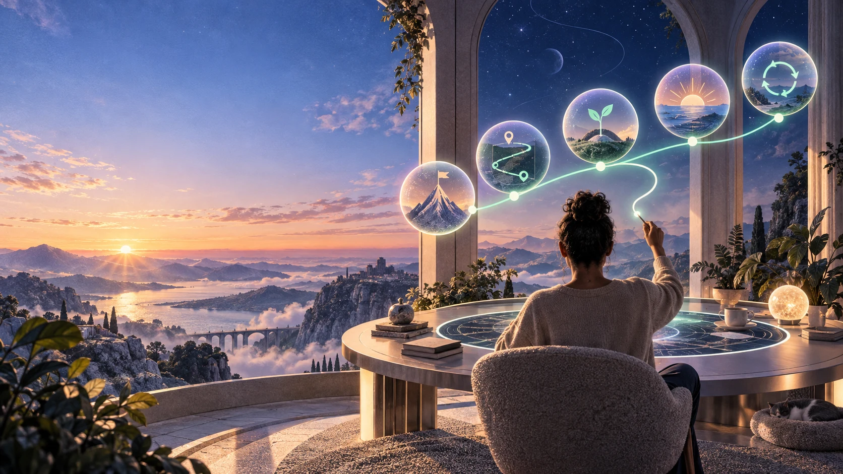 Illustrated sunrise observatory where one path connects planning, action, reflection, and progress stations